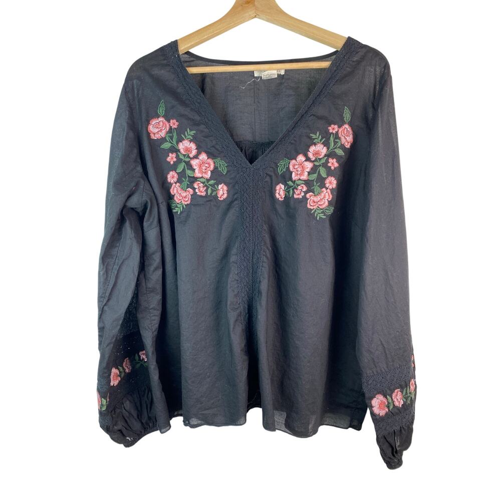 FESTI Size 1 Gauzy Black Cotton Embroidered‎ Crochet Lace Peasant Top *